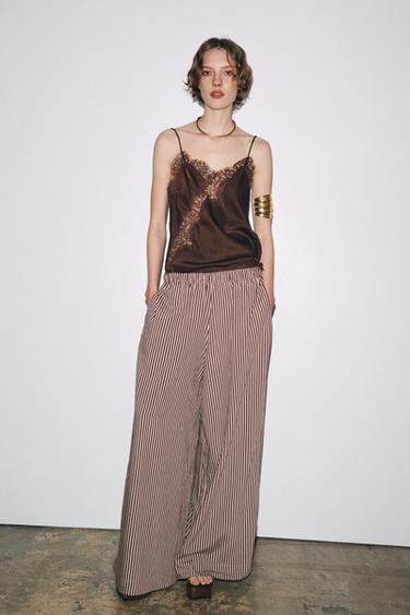 ZW COLLECTION STRIPED FLOWING TROUSERS - Ecru / Maroon by Zara