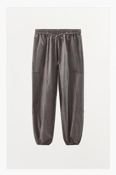 Zara STRIPED PAPER BAG WAIST PANTS - Gray