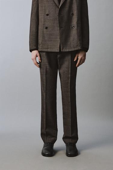 100% WOOL TEXTURED SUIT TROUSERS WITH PLEATS - Brown by Zara