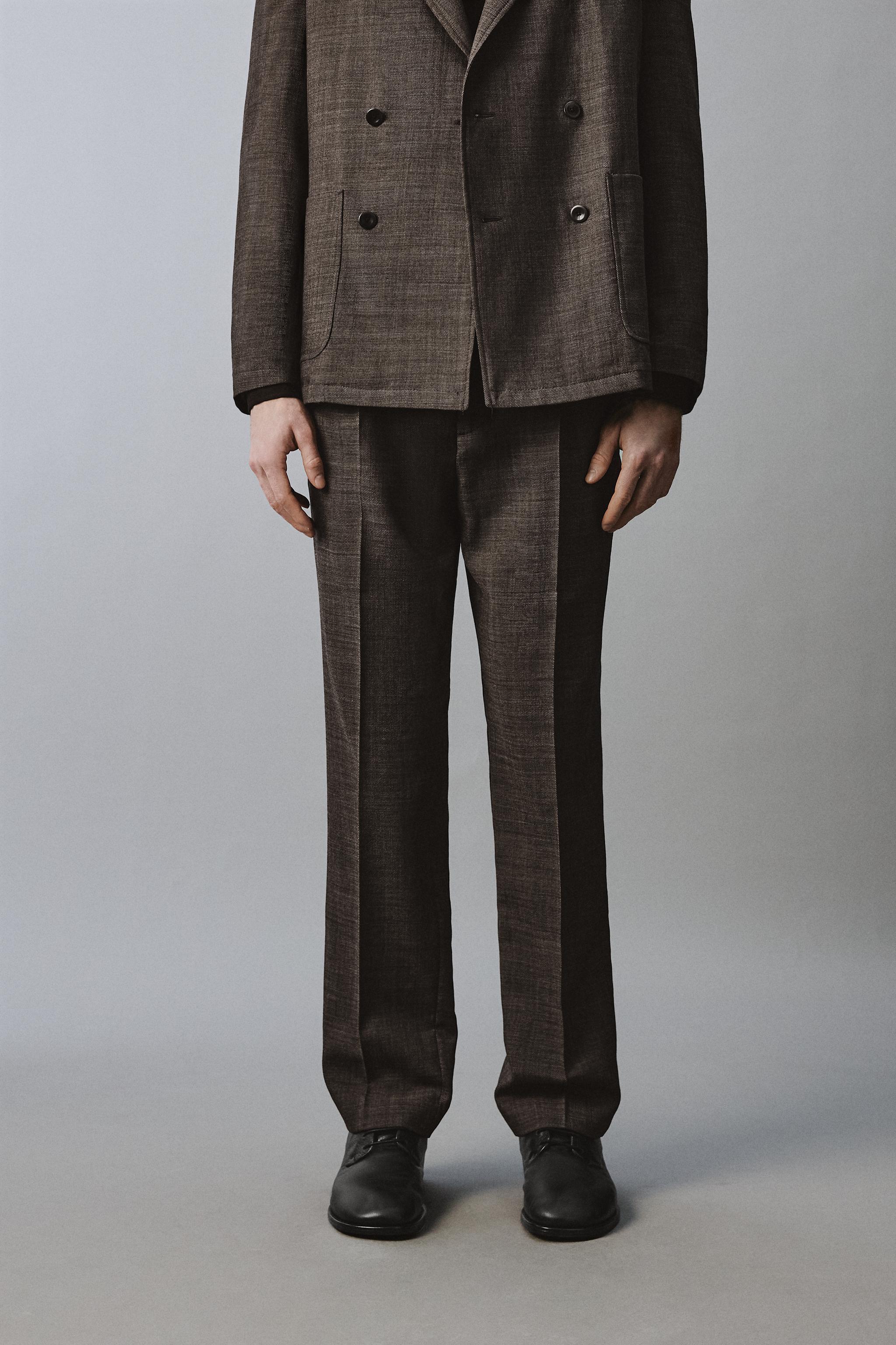 100% WOOL STRUCTURED PLEATED SUIT PANTS