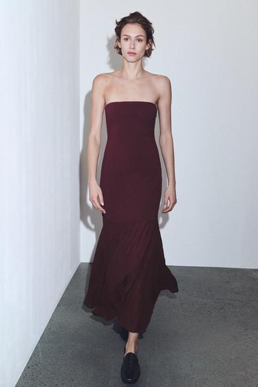 Zara COMBINATION STRAPLESS MIDI DRESS - GARNET
