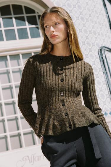 RIBBED PEPLUM CARDIGAN - Green marl by Zara - Image 1