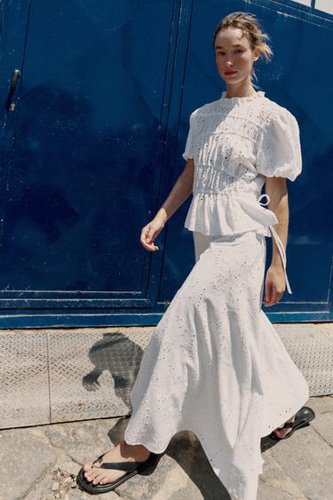 TOP WITH GATHERING AND CUTWORK EMBROIDERY - White by Zara - Image 1