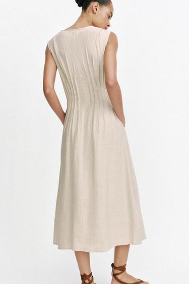 MIDI LINEN BLEND DRESS WITH TUCKS - Light beige by Zara - Image 4