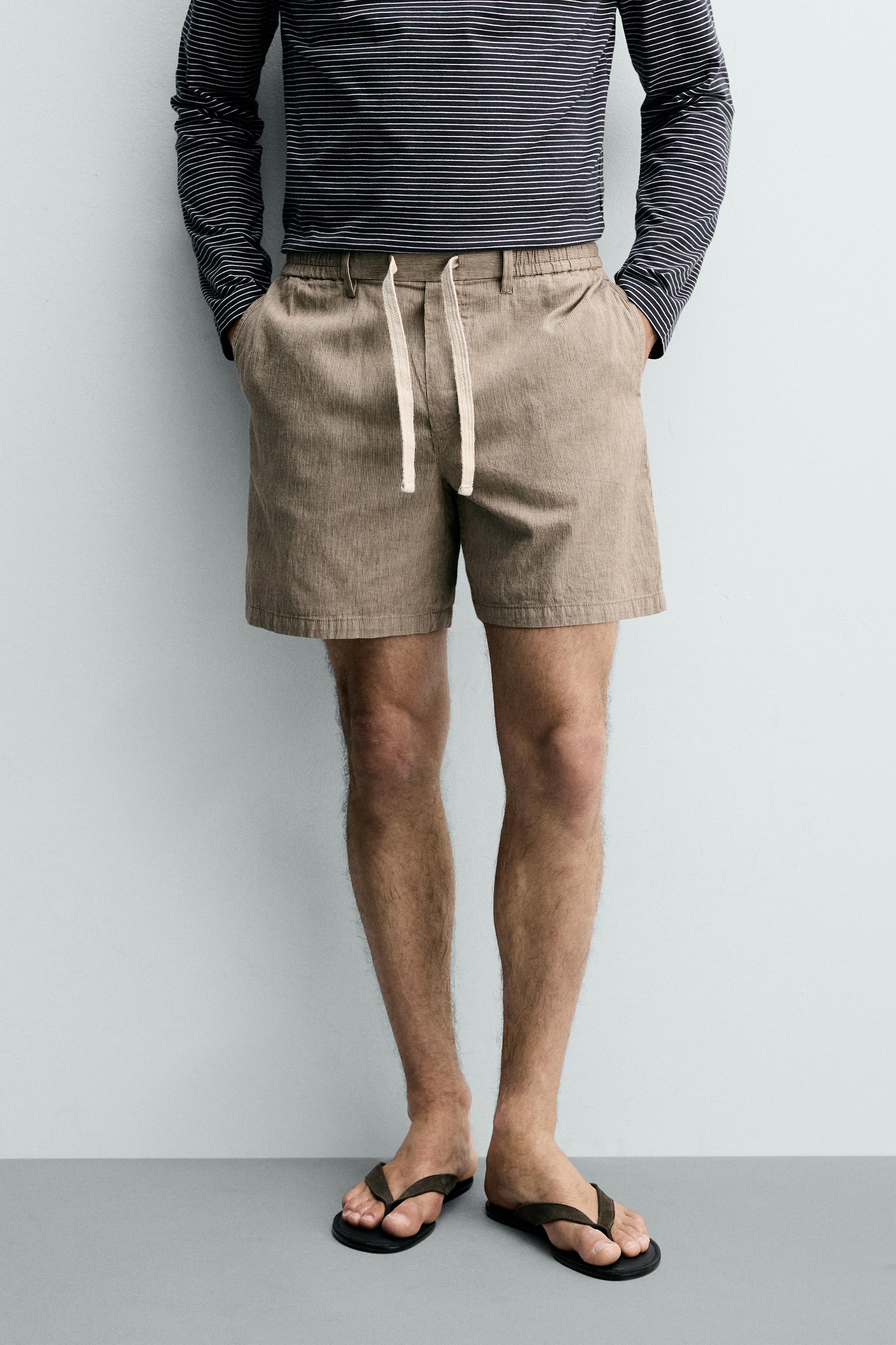 COTTON-LINEN RELAXED FIT SHORTS — Brown Stripes