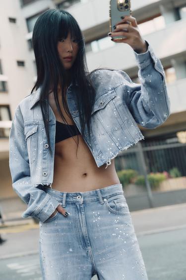 Zara TRF STRASS CROP DENIM JACKET - Blue