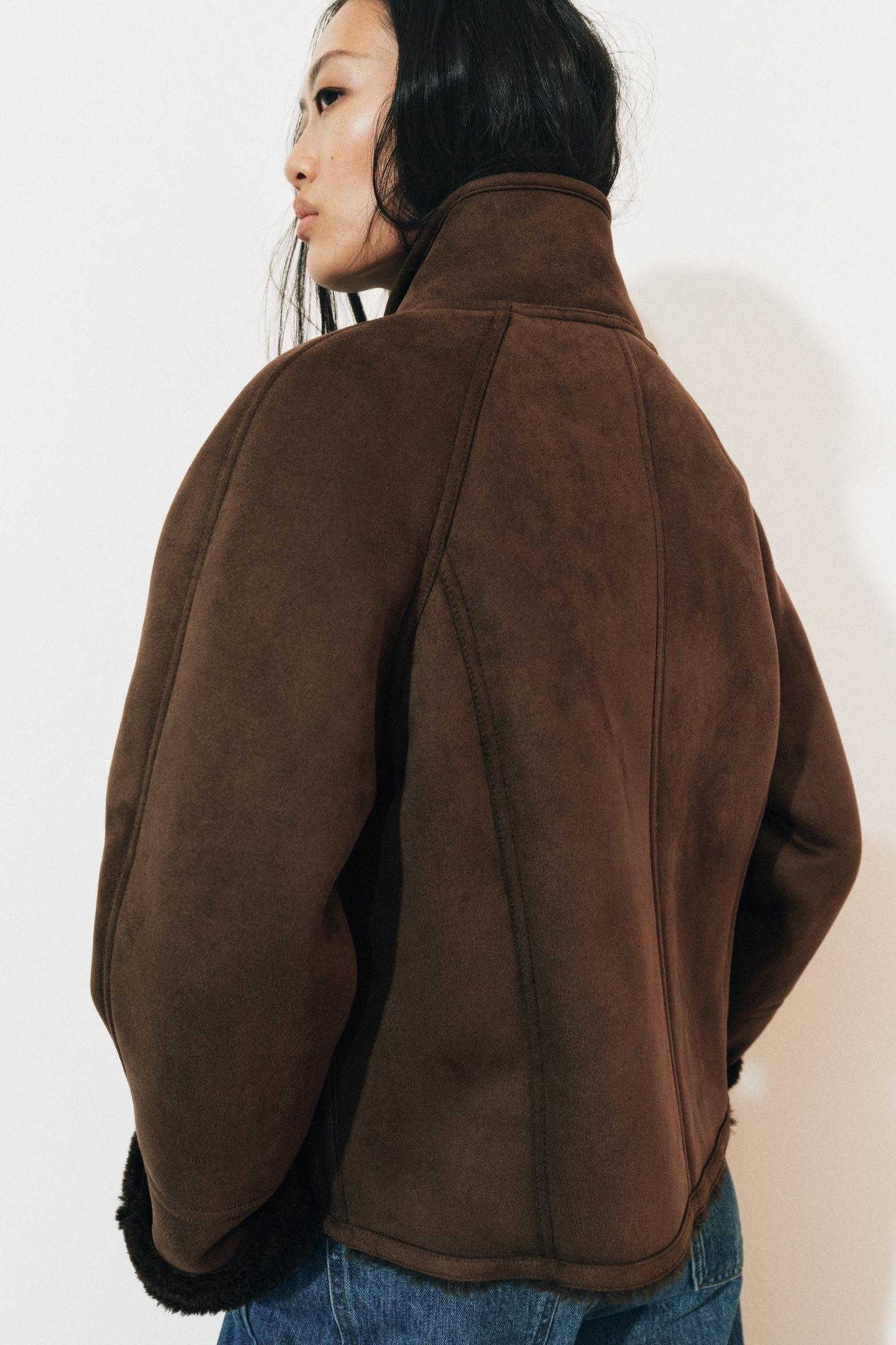 Женская куртка Zara ZW Collection Combined Faux Fur Effect, цвет: Коричневый — фото 3