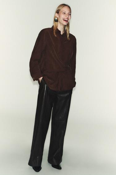 CROSSOVER SHIRT WITH GOLD BUTTON - Brown by Zara