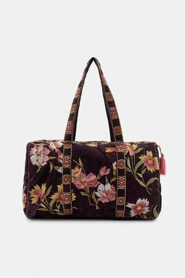 QUILTED VELVET BAG WITH EMBROIDERED FLOWERS - Dark aubergine by Zara