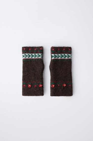 KNITTED MITTEN GLOVES WITH FLOWERS AND BEADS - Brown by Zara - Image 3