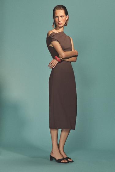 Zara DRAPED MIDI DRESS - Brown