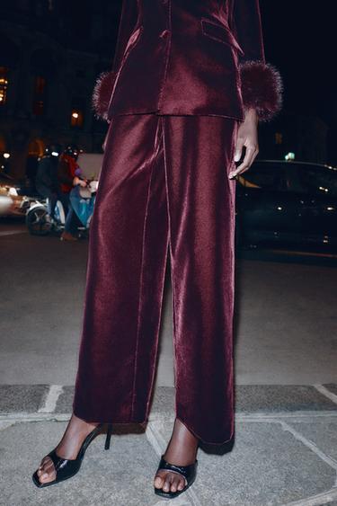 Zara VELVET WIDE LEG PANTS - Maroon
