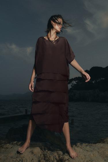 SHORT-SAIA PLISSADO COM BABADO - Marrom-claro da Zara