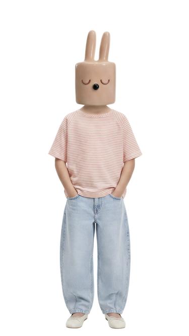 Zara STRIPED RAGLAN SLEEVE T-SHIRT - Ecru