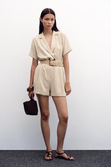 BELTED SHORT SLEEVE JUMPSUIT - Sand by Zara