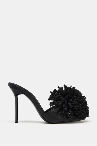 Zara MAXI POMPOM SLINGBACK SANDALS - Black