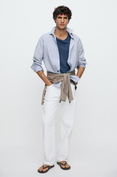 Camisa regular fit rayas 100% lino - Azul de Zara