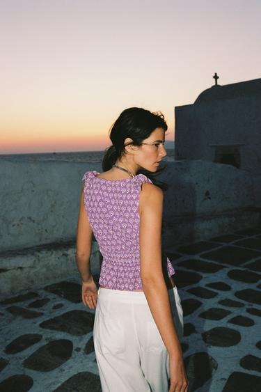 TOP WITH CUTWORK EMBROIDERY AND TIE DETAIL - Lilac / White by Zara - Image 1