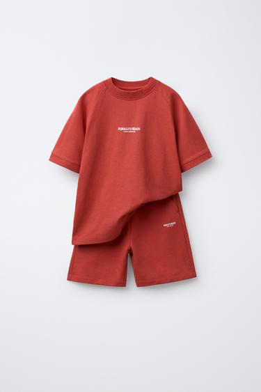 Zara T-SHIRT AND BERMUDA SHORTS SET WITH TEXT - Red