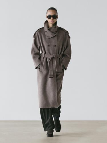 Zara Long wool blend trench coat with belt - Charcoal gray