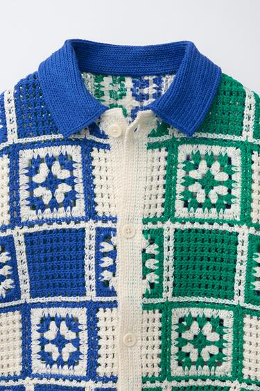 Zara MOSAIC CROCHET KNIT SHIRT - Ecru / Blue