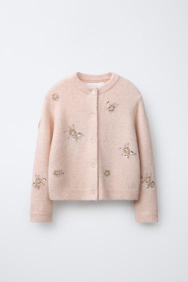 CARDIGAN WITH BEADED FLOWERS - Pale pink by Zara