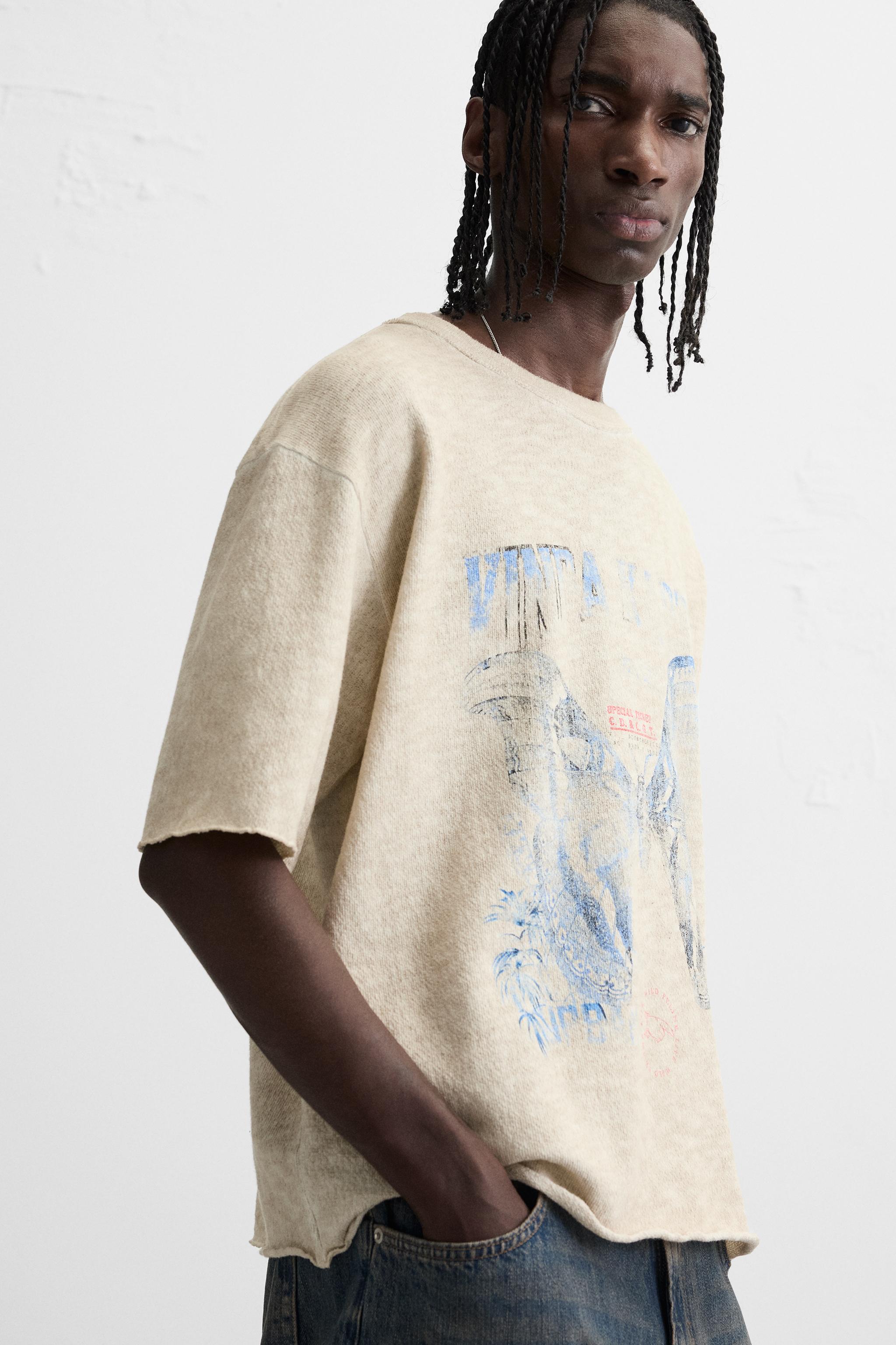 【ZARA】コントラストプリント ニットTシャツ 4090/404/800 ウォッシュ加工プリントニットTシャツ - ブラック | ZARA Japan