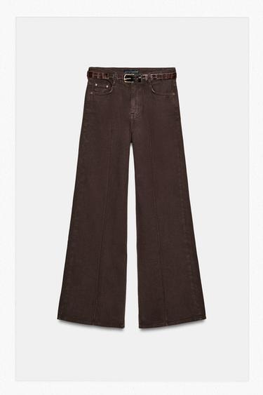 Zara Z1975 WIDE LEG BELTED JEANS - Brown