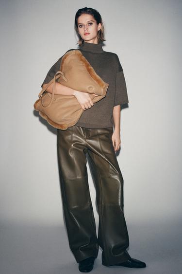 Zara STRAIGHT LEATHER PANTS ZW COLLECTION LIMITED EDITION - Dark khaki