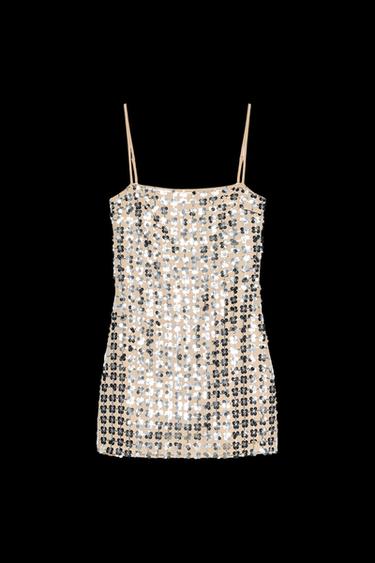Zara SEQUIN MINI DRESS - Silver