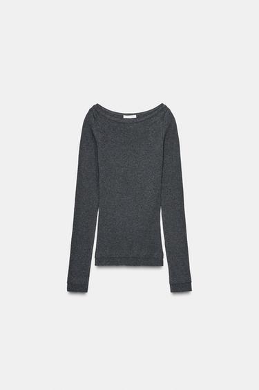 T-SHIRT MIT U-BOOT-AUSSCHNITT UND RIPPSTRUKTUR - Dunkel Meliert von Zara