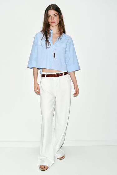 CAMISA CORTA TAPETAS RAYAS - Blanco / Celeste de Zara - Imagen 0
