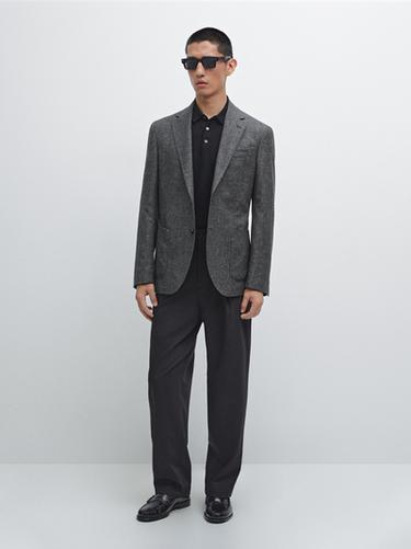 Blazer à carreaux texturé en laine mélangée - Gris de Zara