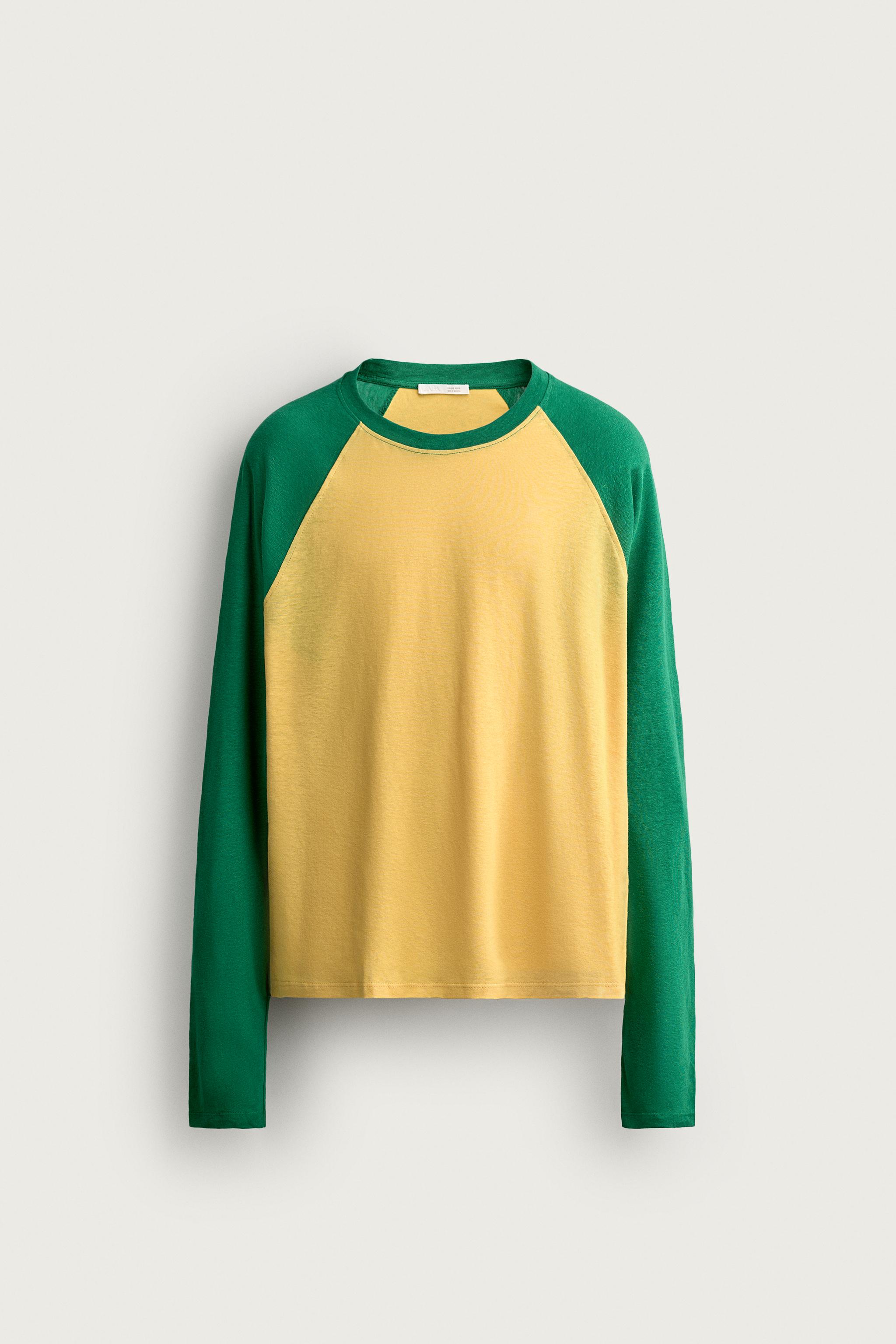 COTTON-LINEN LONG SLEEVE RAGLAN T-SHIRT — Green
