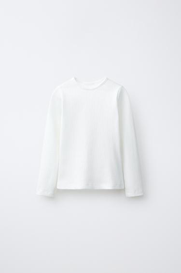 Zara PLAIN RIBBED T-SHIRT - Ecru