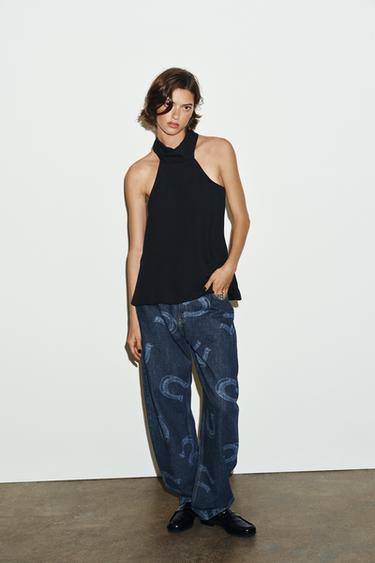Zara TIED HALTER TOP - Black - Image 0