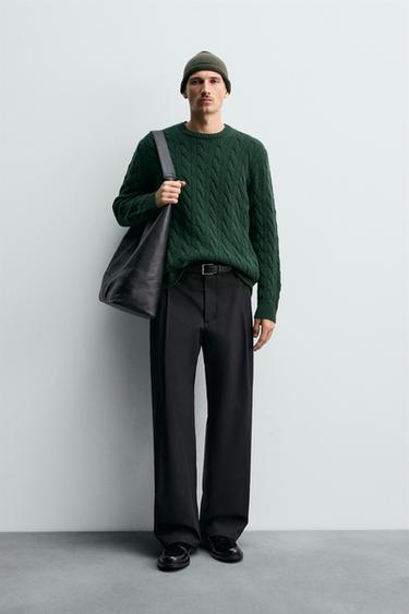 100% WOOL CABLE-KNIT JUMPER - Dark bottle green by Zara - Image 0