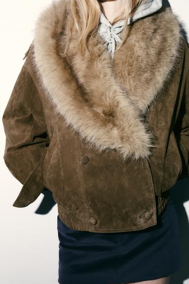 BLOUSON EN CUIR 100% DAIM AVEC EFFET FOURRURE - Kaki de Zara - Image 3