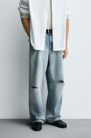 Zara BAGGY FIT RIPPED JEANS - Light blue