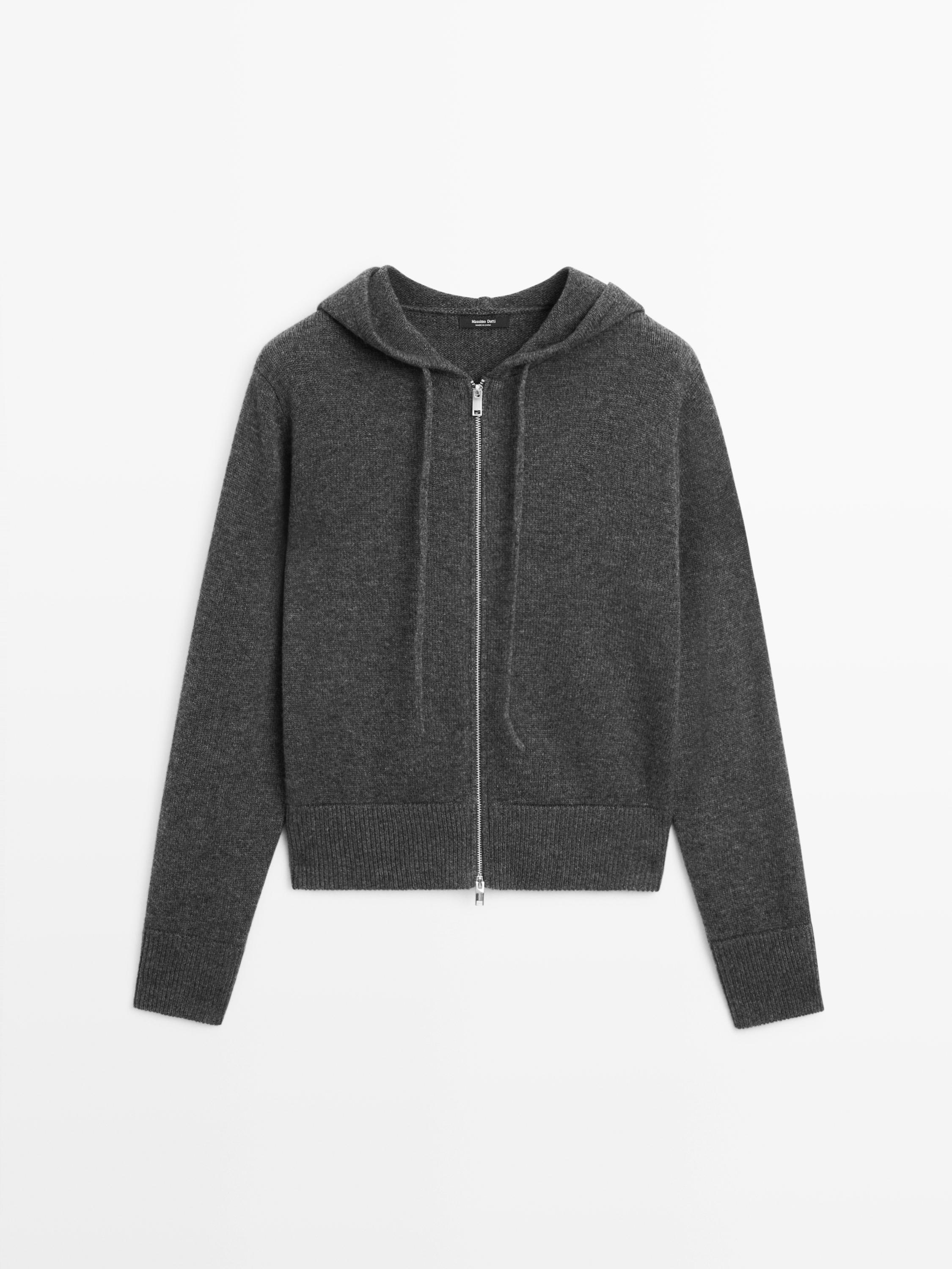 Wool blend zip-up cardigan with hood