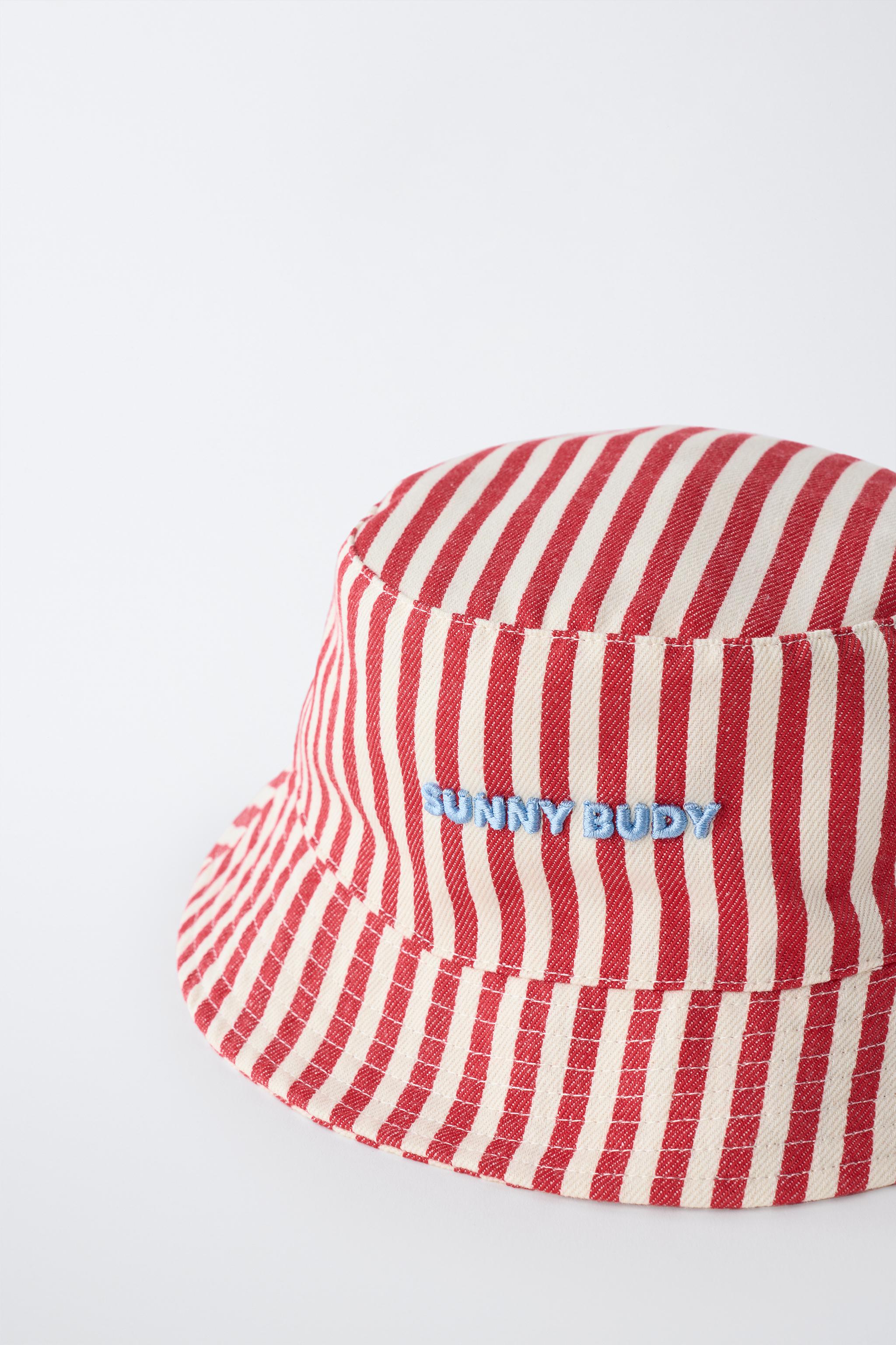 STRIPED BUCKET HAT WITH EMBROIDERED TEXT — Red (alternate view)