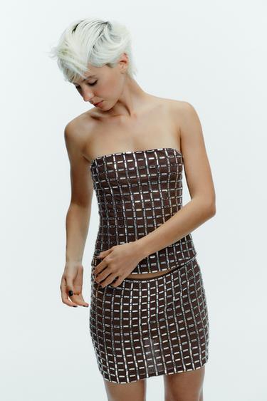 Zara SHINY STRAPLESS MESH TOP - Brown