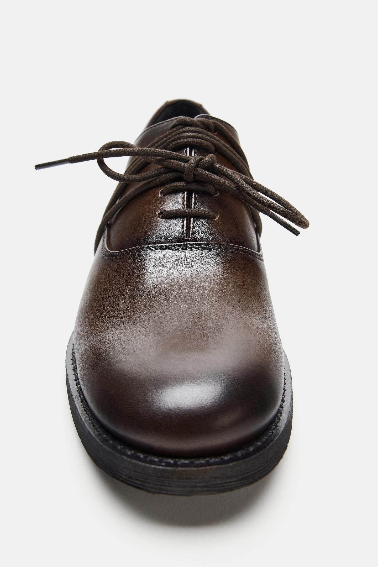 Женские туфли Zara Leather Lace-Up Blucher, цвет: Коричневый — фото 5