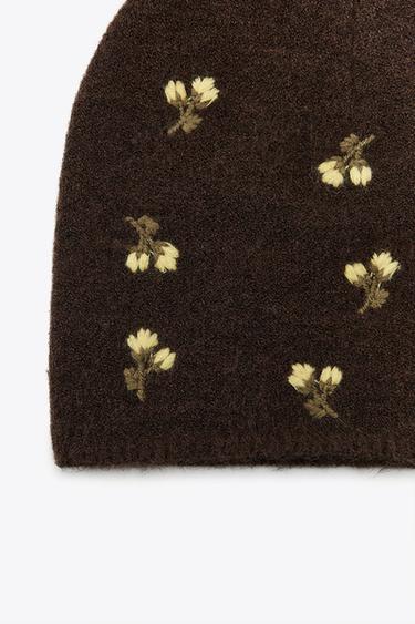 FLORAL EMBROIDERED KNIT BEANIE HAT - Brown by Zara - Image 2