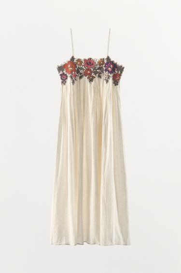 SEQUINNED EMBROIDERED STRAPPY DRESS - Oyster-white by Zara
