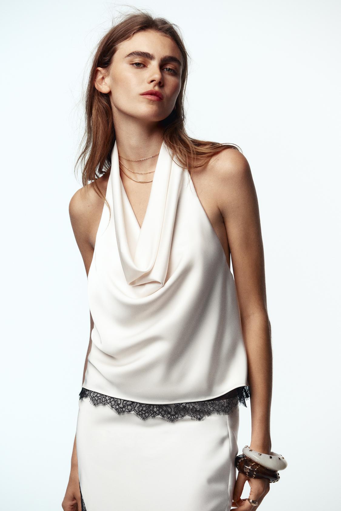 SATIN EFFECT LACE HALTER TOP