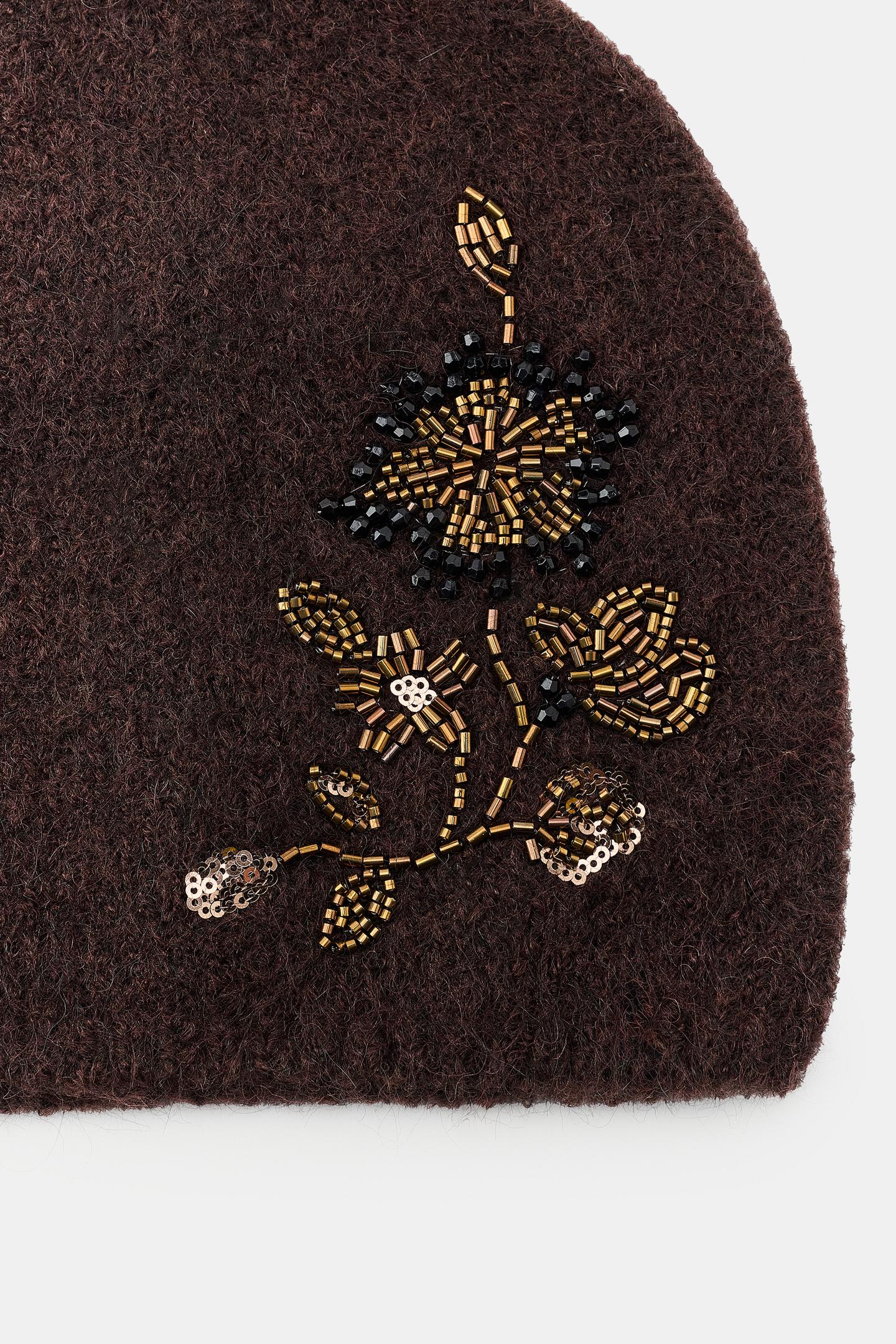 Женская шапка Zara Floral Bead Embroidered, цвет: Коричневый — фото 3