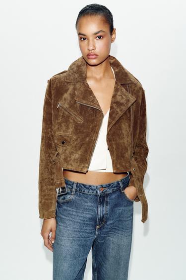 KURZJACKE AUS 100 % WILDLEDER MIT GÜRTEL - Tabakbraun von Zara