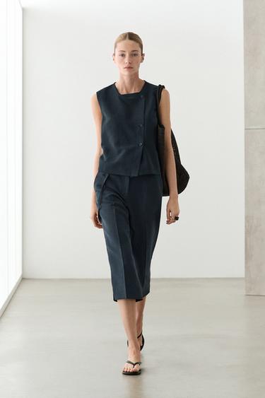 Zara Flowing cotton and linen blend Bermuda shorts with belt - Navy blue - Image 0