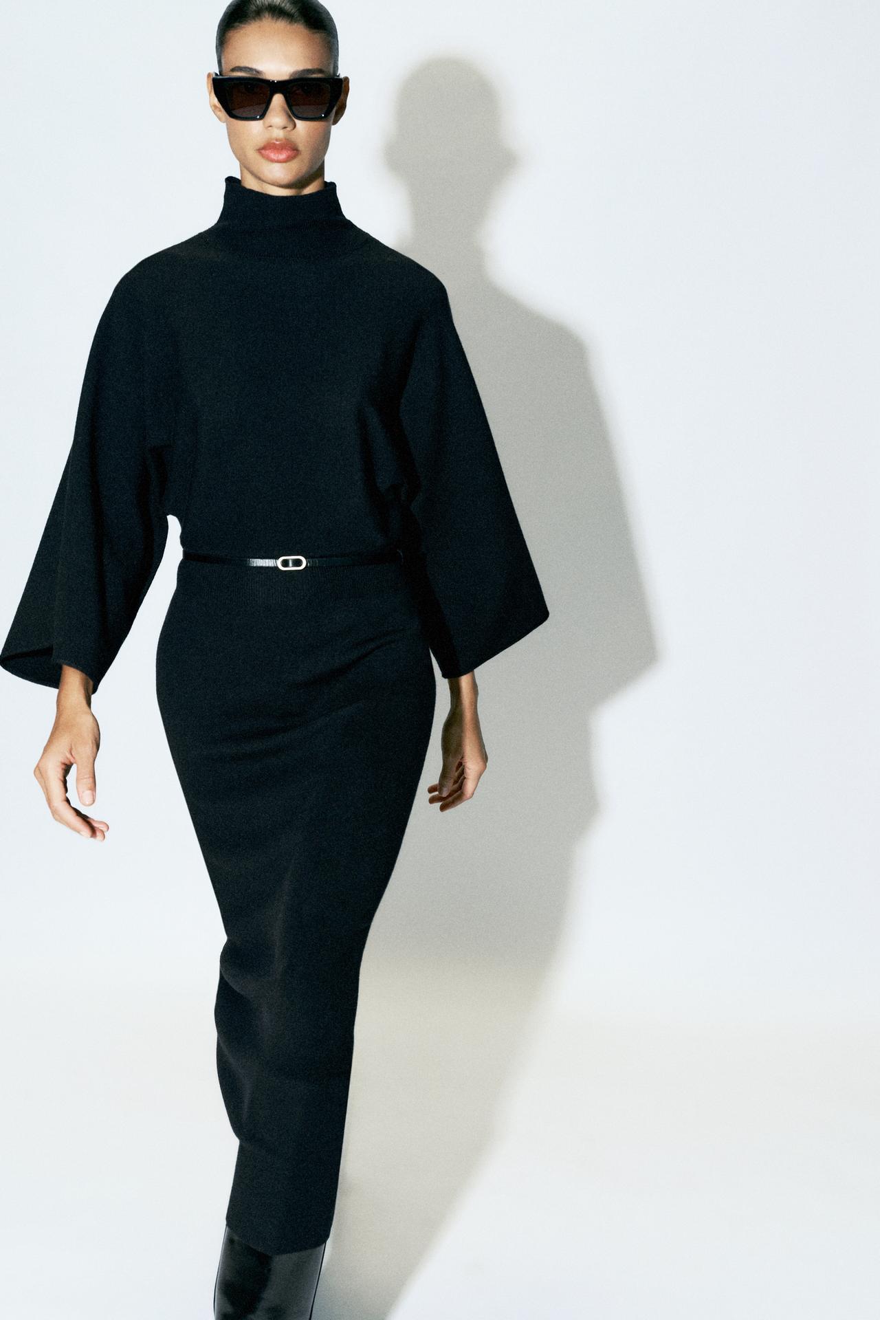 BELTED KNIT DRESS — Black